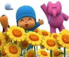 Pocoyo et ses amis dans un champ de tournesols