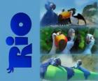 Logo de le film Rio avec trois de ses protagonistes: les aras Blu, Jewel et le tucan Rafael