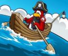 Capitaine Rockhopper et son animal de compagnie dans son bateau dans le Club Penguin