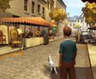 Tintin avec son chien Milou marchant dans la rue