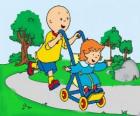 Caillou à faire une promenade avec la petite sœur dans la poussette