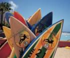 Planches de surf sur la sable de la plage en le période estivale