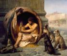 Le philosophe grec Diogène de Sinope, dans son tonneau, dans les rues d'Athènes