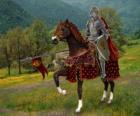 Chevalier avec casque et armure et avec sa lance prêt monté sur son cheval