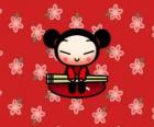 Pucca avec les baguettes sur un fond floral