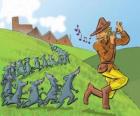 Le Joueur de flûte de Hamelin jouant de la flûte suivie par les rats