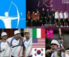 Podium équipes de tir à l'ARC pour hommes, Italie, aux États-Unis et en Corée du Sud - Londres 2012-