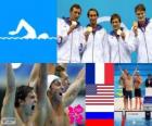 Podium de natation 4 X 100 m libre hommes, France, États-Unis et Russie - Londres 2012-