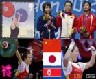Haltérophilie podium 48 kg femmes, Wang Mingjuan (Chine), Hiromi Miyake (Japon) et Ryang Chun-Hwa (Corée du Nord) - Londres 2012 -