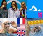 Podium natation 400 m libre femmes, Camille Muffat (France), Allison Schmitt (États-Unis) et Rebecca Adlington (Royaume Uni) - Londres 2012 -