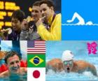 Podium natation 400 m Medley hommes, Ryan Lochte (États-Unis), Thiago Pereira (Brésil), Kosuke Hagino (Japon) - Londres 2012 - 