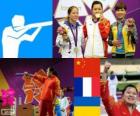 Podium tir, pistolet à air 10 m féminin, Guo Wenjun (Chine), Céline Goberville (France) et Eric Kostevych (Ukraine) - Londres 2012-