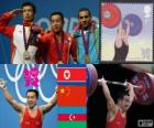Podium Haltérophilie 56 kg hommes, Om Yun-Chol (Corée du Nord), Wu Jingbao (Chine) et Valentin Hristov (Azerbaïdjan) - Londres 2012-