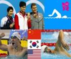 Podium natation 400 m nage libre hommes, Sun Yang (Chine), Park Tae-Hwan (sud de la Corée) et Peter Vanderkaay (États-Unis) - Londres 2012-