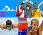 Podium natation 100 m papillon femmes, Dana Vollmer (États-Unis), Lu Ying (Chine) et Alicia Coutts (Australie) - Londres 2012-