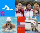 Podium natation 400 m 4 nages femmes, Shiwen Ye (Chine), Elizabeth Beisel (États-Unis) et Li Xuanxu (Chine) - Londres 2012