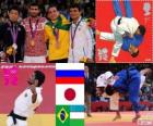 Podium Judo hommes - 60 kg, Arsen Galstian (Russie), Hiroaki Hiraoka (Japon) et Philip Kitadai (Brésil), (Ouzbékistan) - Londres 2012 - Rishod Sobirov