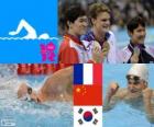 Podium natation 200 m nage libre hommes, Yannick Agnel (France), Sun Yang (Chine) et Park Tae-Hwan (Corée du Sud) - Londres 2012 - 200 m hommes