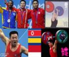 Podium Haltérophilie moins de 62 kg hommes, Kim Un-Guk (Corée du Nord), Oscar Figueroa (Colombie) et Eko Yuli Irawan (Indonésie) - Londres 2012-