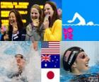 Podium natation 100 m dos femmes, Missy Franklin (États-Unis), Emily Seebohm (Australie) et Aya Terakawa (Japon) - Londres 2012-