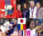 Podium Judo féminin -  57kg, Kaori Matsumoto (Japon), Corina Căprioriu (Roumanie) et Marti Malloy (États-Unis), Automne Pavia (France) - Londres 2012-