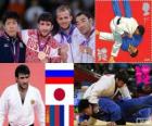 Podium Judo hommes - 73 kg, Mansur Isayev (Russie), Riki Nakaya (Japon) et Sainjargal de Nyam-Ochir (Mongolie), LegrandUgo (France) - Londres 2012 -