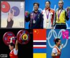Podium l'haltérophilie moins de 58 kg femmes, Li Xueying (Chine), Pimsiri Sirikaew (Thaïlande) et Yulia Kalina (Ukraine) - Londres 2012-