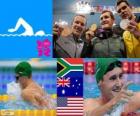 Podium natation 100 m brasse hommes, Cameron van der Burgh (Afrique du Sud), Christian Sprenger (Australie) et Brendan Hansen (États-Unis) - Londres 2012 - style
