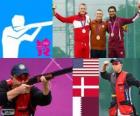 Podium tir Skeet hommes, Vincent Hancock (Etats-Unis), Anders Golding (Danemark) et Nasser Al - Attiyah (Qatar) - Londres 2012-