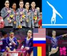 Podium Gymnastique artistique concours général par équipes femmes, aux États-Unis, la Russie et la Roumanie - Londres 2012-