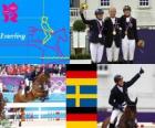 Podium équitation concours complet individuel, Michael Jung (Allemagne), Sara Algotsson Ostholt (Suède) et Sandra Auffahrt (Allemagne) - Londres 2012-