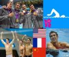 Podium natation pour hommes du relais 4 x 200 mètres nage libre, États-Unis, France et Chine - Londres 2012-