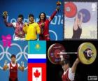 Podium Haltérophilie moins de 63 kg femmes, Maiya Maneza (Kazakhstan), Svetlana Tsarukayeva (Russie) et Christine Girard (Canada) - Londres 2012-