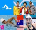 Podium natation 200 m individuel femmes combinés, Shiwen Ye (Chine), Alicia Coutts (Australie) et Caitlin Leverenz (États-Unis) - Londres 2012-
