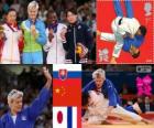 Podium féminin Judo - 63 kg, Urška Žolnir (Slovénie), Xu Lili (Chine) et Gevrise Emane (France), Yoshie Ueno (Japon) - Londres 2012-