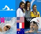 Podium natation 200 m nage libre femmes, Allison Schmitt (États-Unis), Camille Muffat (France) et Bronte Barratt (Australie) - Londres 2012-