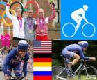 Podium cyclisme contre-la-montre féminin, Kristin Armstrong (États-Unis), Judith Arndt (Allemagne) et Olga Zabelinskaya (Russie) - Londres 2012-