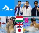 Podium natation 200 m brasse hommes, Daniel Gyurta (Hongrie), Michael Jamieson (Royaume Uni) et Ryo Tateishi (Japon) - Londres 2012-