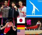 Podium Gymnastique artistique concours général individuel hommes podium, Kohei Uchimura (Japon), Marcel Nguyen (Allemagne) et Danell Leyva (États-Unis) - Londres 2012-