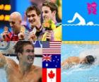 Podium natation 100 m nage libre hommes, Nathan Adrian (États-Unis), James Magnussen (Australie) et Brent Hayden (Canada) - Londres 2012-