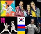Podium d'escrime sabre féminin individuel, Kim Ji-Yeon (Corée du Sud), Sofia Velikaïa (Russie) et Olga Jarlan (Ukraine) - Londres 2012-