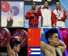 Podium haltérophilie Moins de 77 kg hommes, Lu Xiaojun, Wu Jingbao (Chine) et changer de Iván Rodríguez (Cuba) - Londres 2012 -