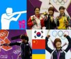 Podium féminin de pistolet 25 m, Kim Jang - mon (Corée du Sud), Chen Ying (Chine) et Eric Kostevych (Ukraine) - Londres 2012-