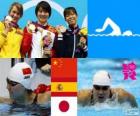 Podium natation 200 m papillon femmes, Jiao Liuyang (Chine), Mireia Belmonte (Espagne) et Natsumi Koshi (Japon) - Londres 2012-