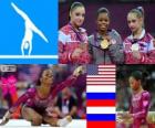 Podium gymnastique artistique concours général individuel femmes, Gabrielle Douglas (Etats-Unis), Viktoria Komova et Aliya Moustafino (Russie) - Londres 2012-
