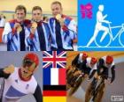 Podium cyclisme sur piste vitesse pour les équipes hommes, Royaume-Uni, France et Allemagne - Londres 2012-