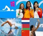 Podium Natation 100 mètres libre feminine, Ranomi Kromowidjojo (Pays-Bas), Aliaxandra Herasimenia (Bélarus) et Tang Yi (Chine) - Londres 2012-