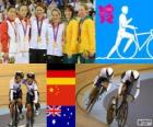 Podium cyclisme sur piste vitesse pour les équipes féminines, Kristina Vogel, Miriam Welte (Allemagne), Gong Jinjie, Shuang Guo (Chine) et Kaarle McCulloch, Anna Meares (Australie) - Londres 2012-
