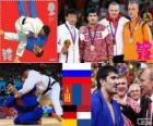 Podium Judo hommes - 100 kg, Tagir Khaibulaev (Russie), première Tüvshinbayar (Mongolie) et Dimitri Peters (Allemagne), Henk Grol (Pays-Bas) - Londres 2012-