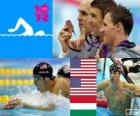 Podium Natation 200 m 4 nages hommes, Michael Phelps, Ryan Lochte (États-Unis) et László Cseh (Hongrie) - Londres 2012-